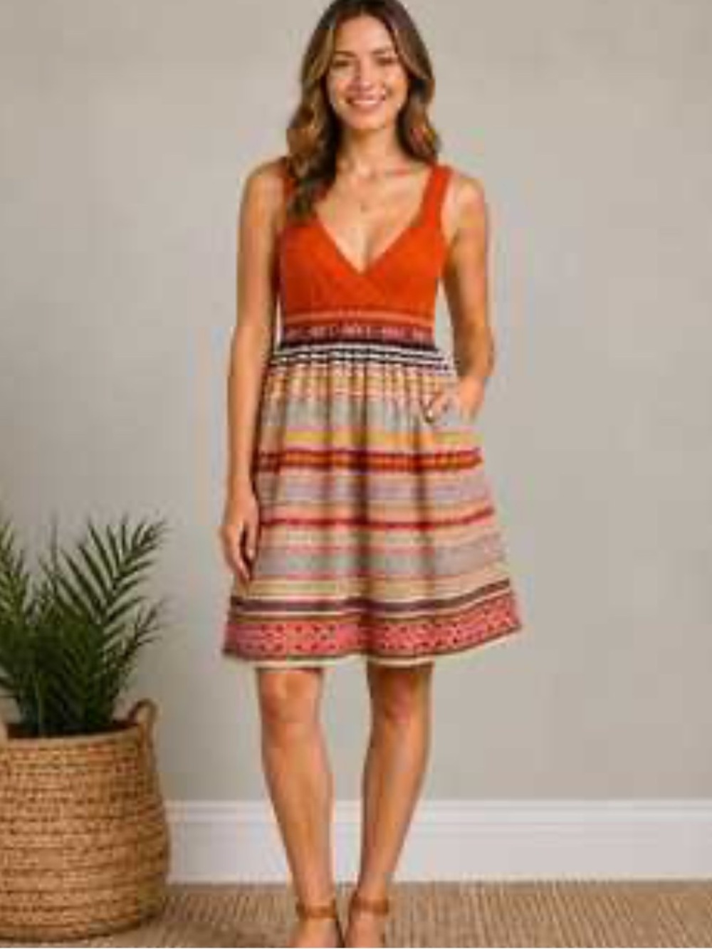 Free People Orange Embroidered Cable Knit Tank Dress Sz 8, 16” PTP, 32” L